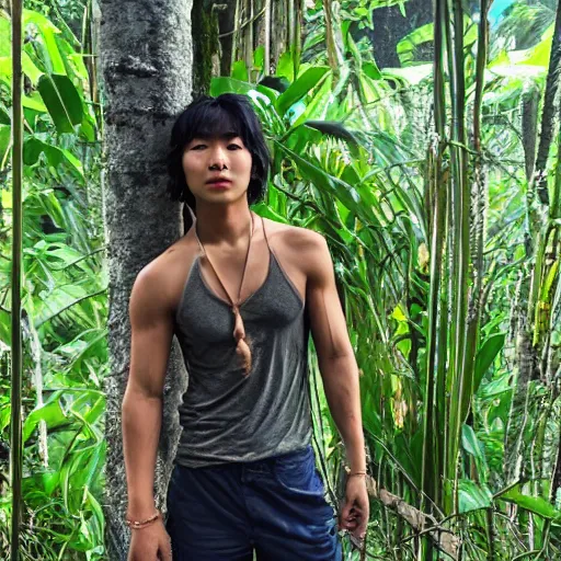 Prompt: head to toe photo, jungle book mowgli who is a 2 0 year old korean with large muscles and with long unkempt and slightly curly hair, holding a torch in one hand and an iphone in the other hand, standing in the jungles of jeju island