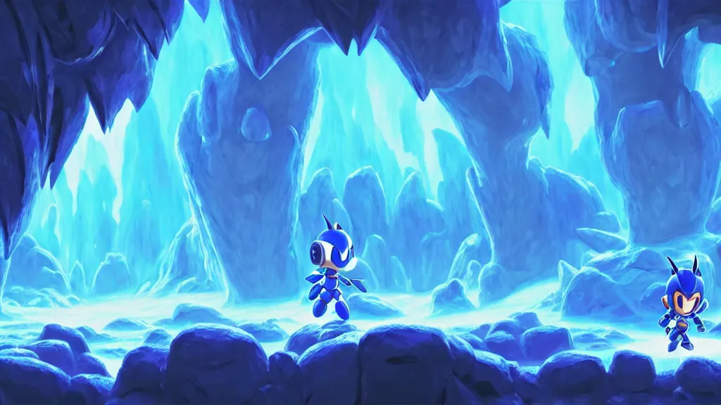 Image similar to side scrolling megaman zero stage 1 the ice cave, studio ghibli, pixar and disney animation, sharp, rendered in unreal engine 5, highly detailed, digital painting, artstation, hollow knight, smooth, sharp focus, illustration, wide angle, wallpaper, splash art, promo art, dramatic lighting, art by artgerm and greg rutkowski and bo chen and jin xiaodi