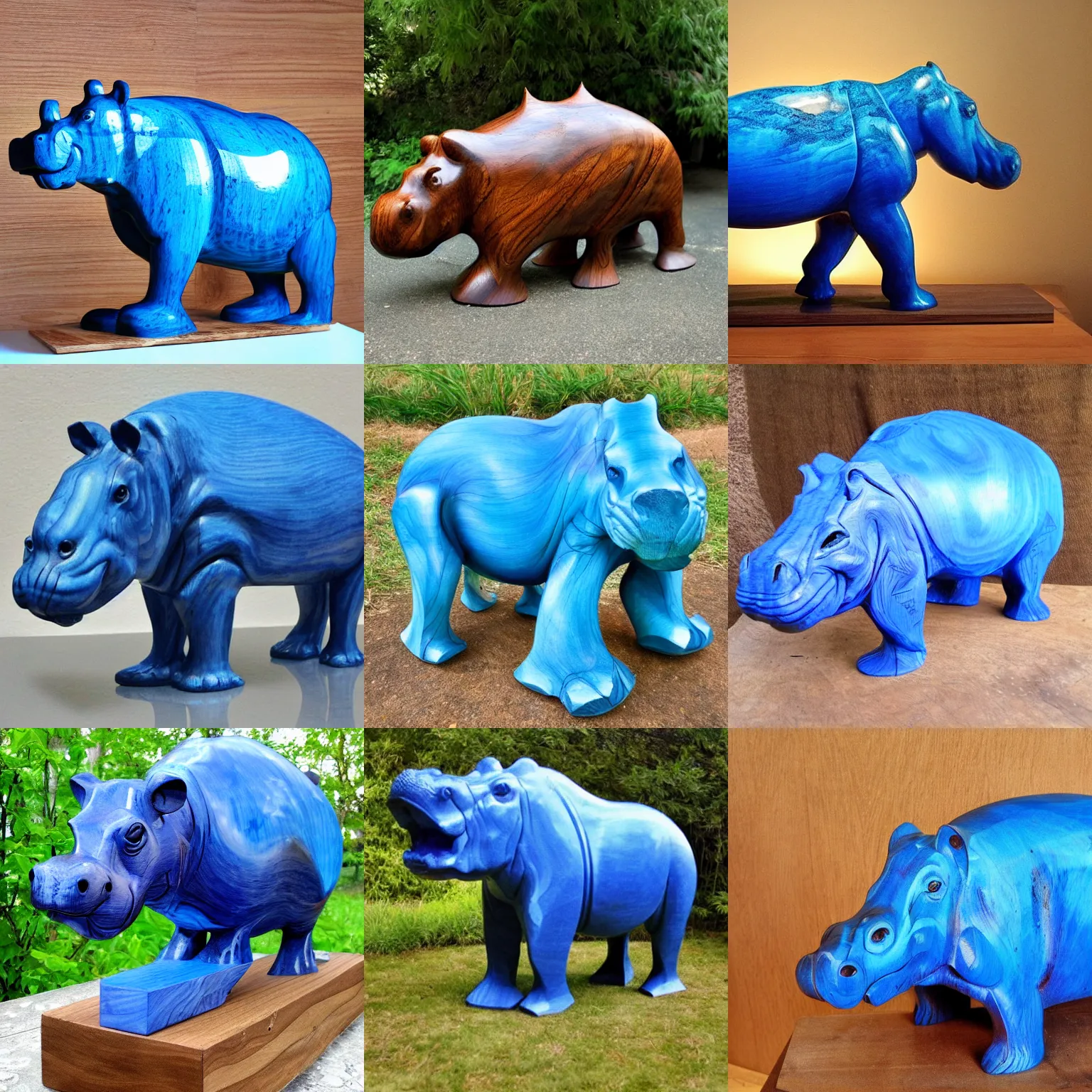 Prompt: hippopotamus, wood art, blue!! epoxy resin, sculpture, wood carving, wood sculpture, wood art, wooden decoration, hand made, wooden hippo