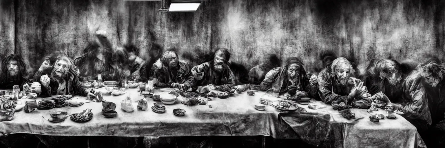 Image similar to Award Winning Editorial wide-angle picture of a Tramps in a new York Soup Kitchen by David Bailey and Lee Jeffries, called 'The Last Supper', 85mm ND 5, perfect lighting, gelatin silver process