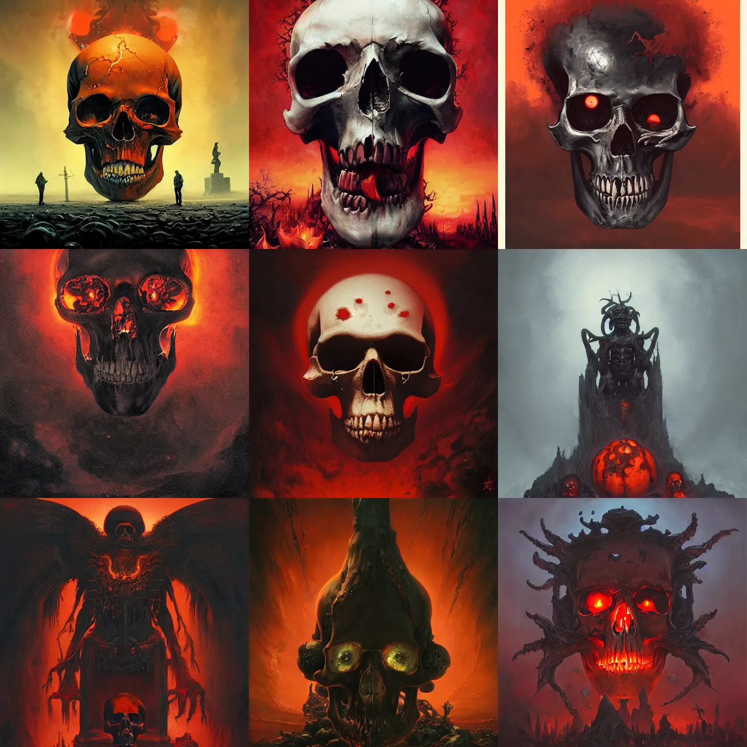 Prompt: album cover for south of heaven by the beatles, 1 9 8 8, a giant skull, pain and torment, dark with glowing red and orange, by geiger and goya and greg rutkowski, trending on artstation