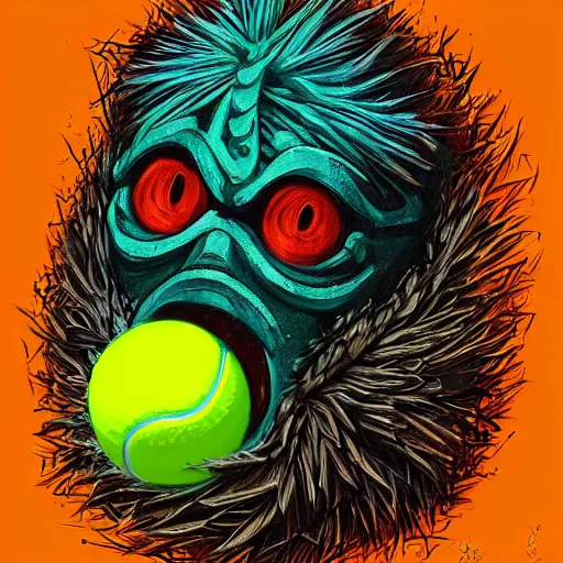 Image similar to a tennis ball monster , orange balaclava, digital art, fantasy, magic, trending on artstation, ultra detailed, professional illustration by Basil Gogos