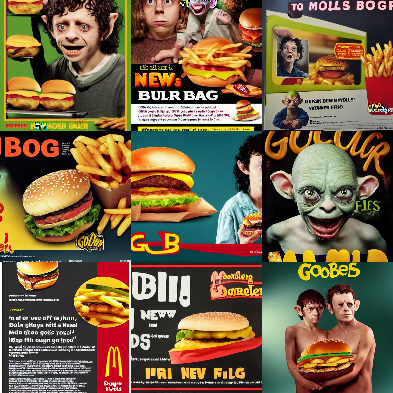 Prompt: Promotional Poster for the new Gollum burger and Frodo fries at McDonalds