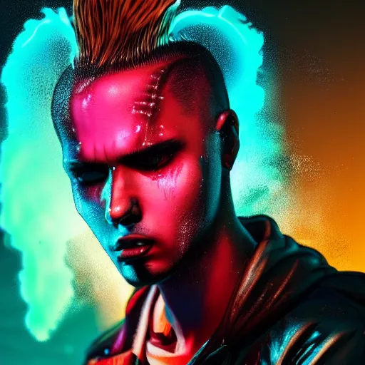 Prompt: splashes of neon clouds, mowhawk, punk portrait made out of paint with rain in the background, trending on artstation, epic composition, emotional, beautiful, rendered in octane, highly detailed, realistic, comic book art, sharp focus, matte painting, unreal engine