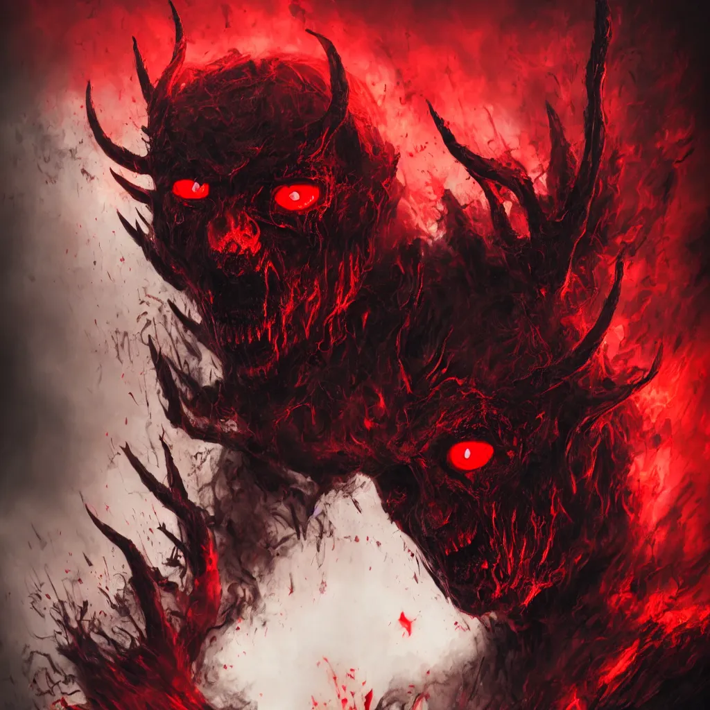 Image similar to a scary devil face with shade of red color and black color with bloodshot and luminous eyes, against a hellish background with a lot of smoke, darkart, hyperdetailed, hyperealistic, cinematography, 16k, 3D, Artstation, Deviantart, very beautiful