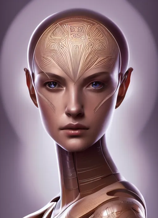 Image similar to portrait of female android, symmetry, intricate, elegant, highly detailed, smooth, sharp focus, concept art, digital painting, illustration, artstation, by fra angelico and greg ruthkowski