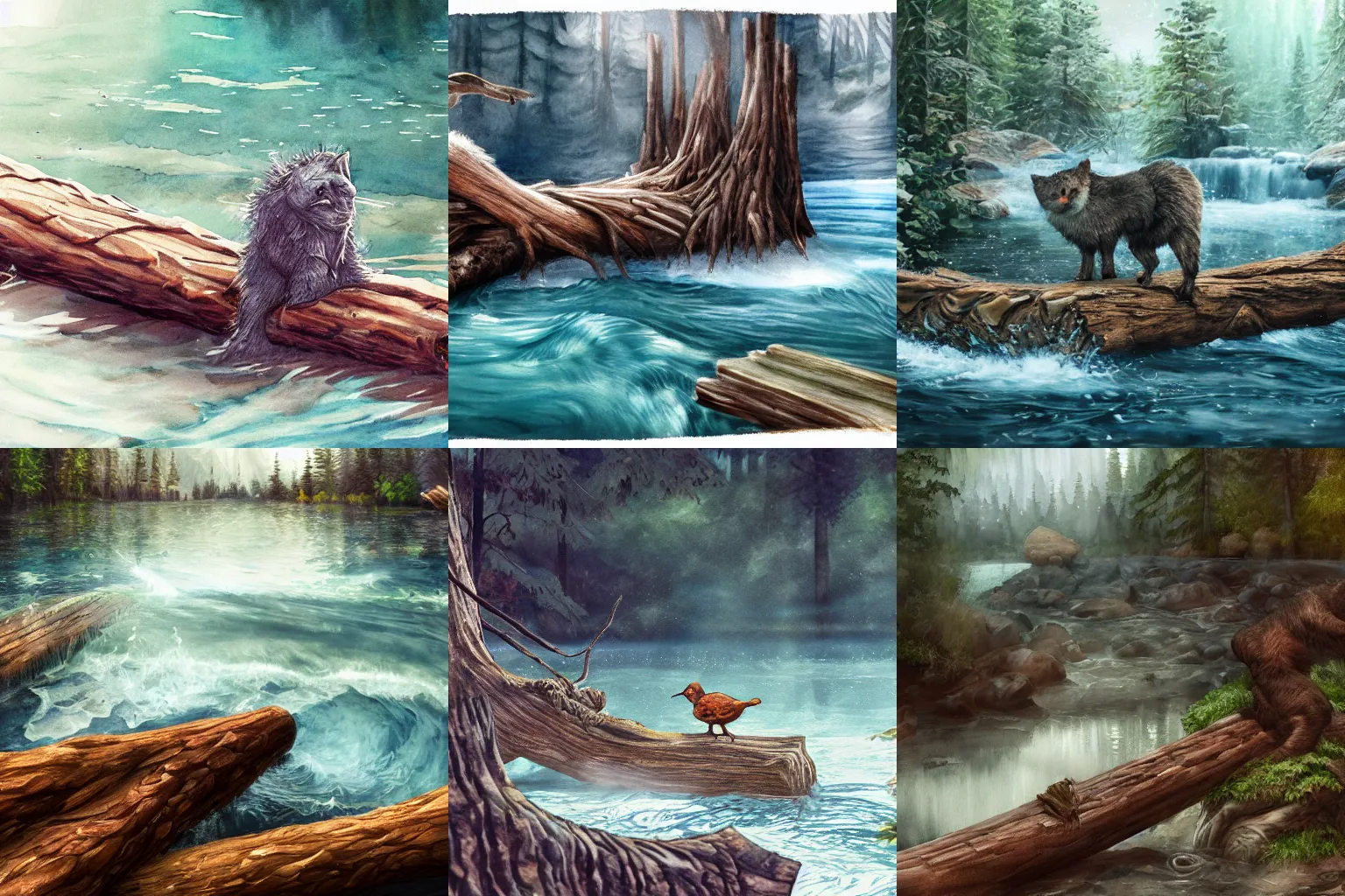 Prompt: something is sitting on a log, strong imagery, highly detailed, illustration, highly detailed water colour 8k, cinematic lighting, HD, high detail, atmospheric, trending on artstation