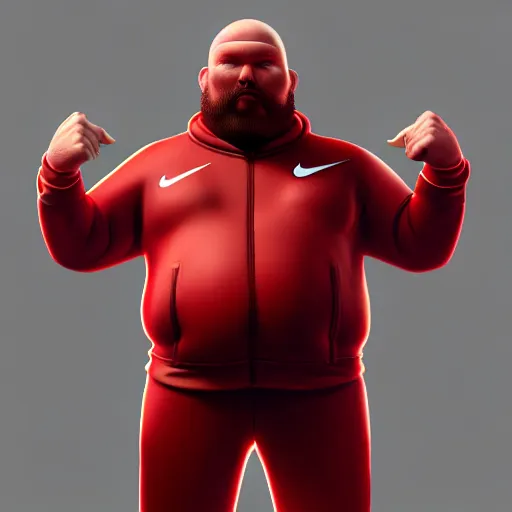 Image similar to bald red man fat man wearing nike tracksuit, very detailed, , dramatic, intricate, elegant, highly detailed, digital painting, artstation, concept art, smooth, sharp focus, illustration, art by Gustave Dore, octane render