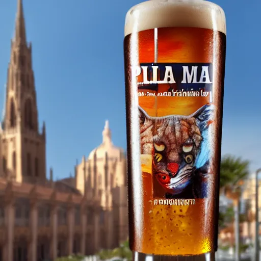 Image similar to A wild humanoid Puma holding a fresh beer with its paws in the city centrum from Palma de Mallorca with Palma Cathedral in the background, highly detailed, octane render