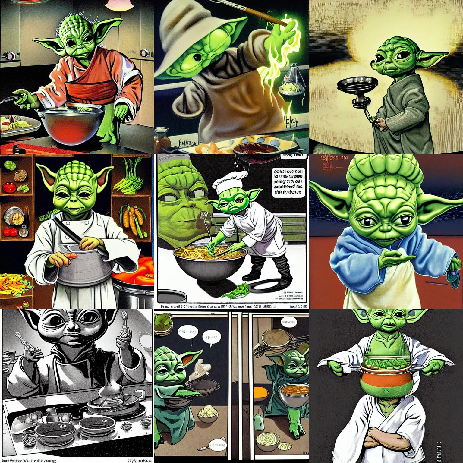 Prompt: tiny baby yoda cooking vegetables as a chef wearing a white chefs hat and apron and gently holding a bowl in both hands by ed emshwiller and alejandro burdisio and david mattingly and christopher balaskas and john harris and virgil finlay and dean ellis and jack gaughan, hyperrealistic, high detail, cooking, vegetables, chef