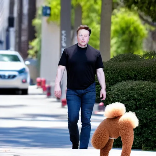 Prompt: a photo of elon musk walking on the street with his big mutant poodle, f 2. 8, 1 0 0 mm lens