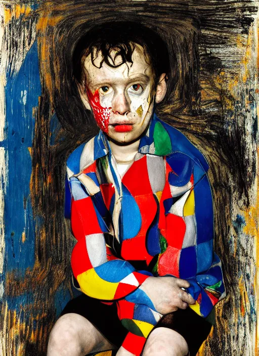 Prompt: portrait of a child harlequin sitting on a stool, by vincent lefevre and hernan bas and pat steir and hilma af klint, psychological, photorealistic, symmetrical face, dripping paint, washy brush, threads, rendered in octane, altermodern, masterpiece