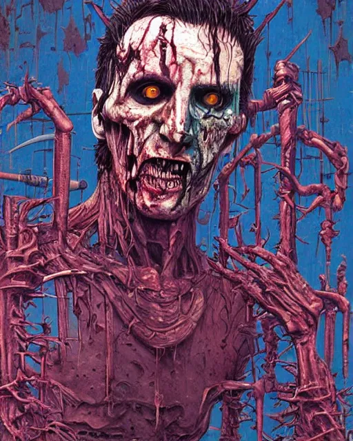 Image similar to trent reznor as a decaying zombie, grotesque, horror, high details, bright colors, striking, intricate details, by vincent di fate, artgerm julie bell beeple, 1 9 8 0 s, inking, vintage 8 0 s print, screen print