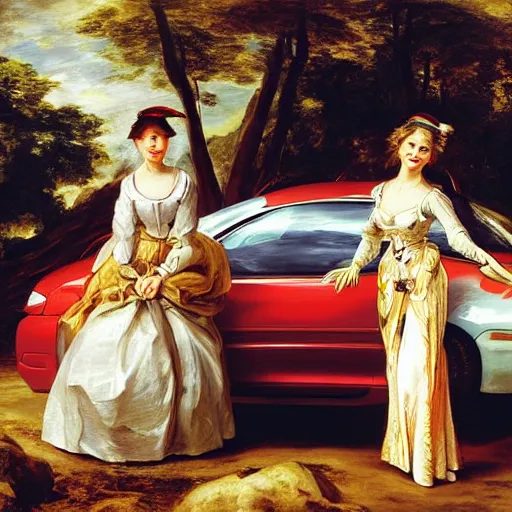 Image similar to heavenly summer sharp land sphere scallop well dressed lady standing next to a honda civic, auslese, by peter paul rubens and eugene delacroix and karol bak, hyperrealism, digital illustration, fauvist, standing next to a honda civic