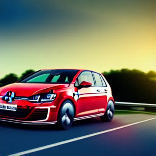 Image similar to a car driving VW Golf GTI at speed on autobahn, sunset, cinematic color, photorealistic, highly detailed, bokeh