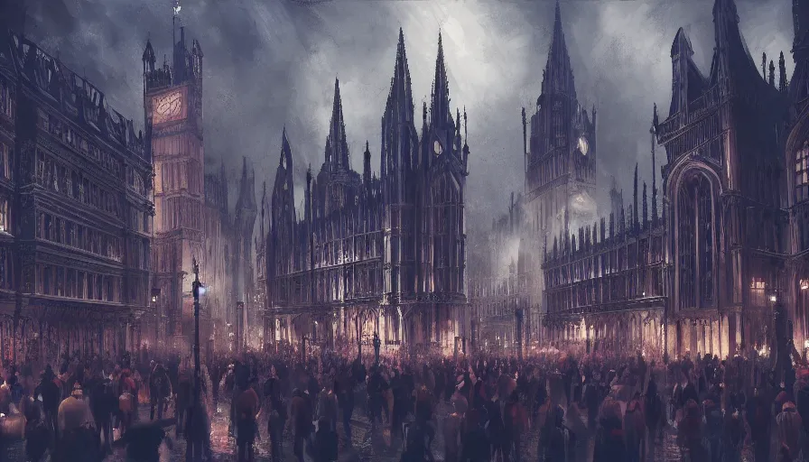 Image similar to neo - gothic london's with crowded place, night, hyperdetailed, artstation, cgsociety, 8 k