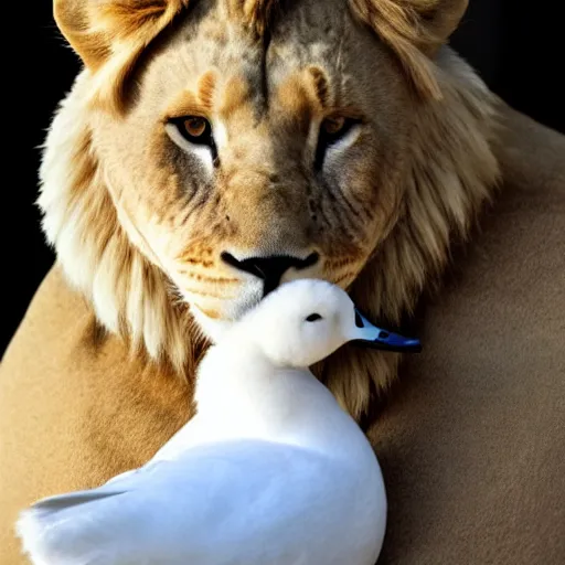 Image similar to a white duck, with a baby lion cub