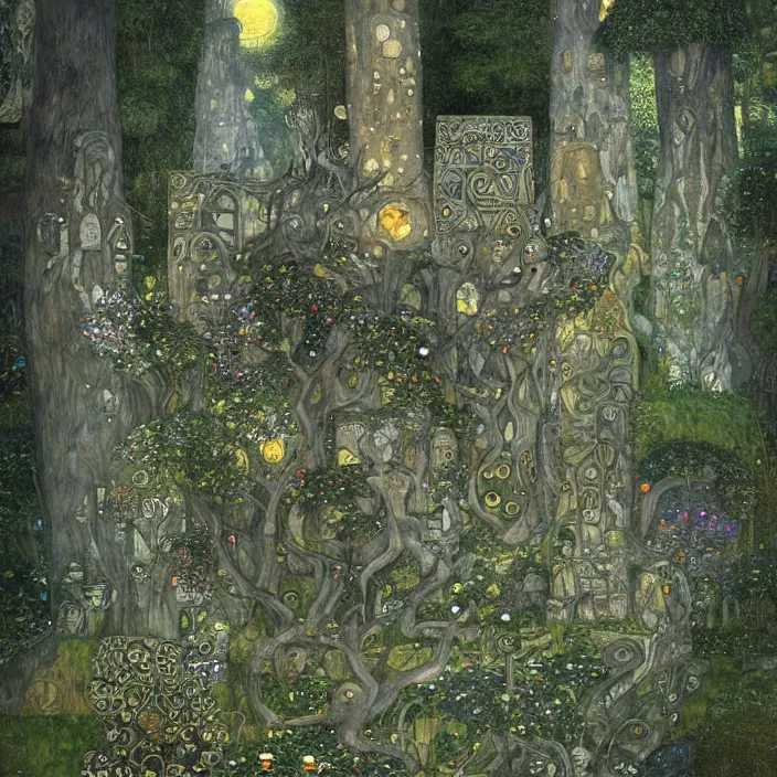 Image similar to ancient overgrown! ruins, medieval gates, runestones, mysetrious etherial mesmerizing runic!! cat eyes, magical elven geometry, concept art by gustav klimt!!, deviantart contest winner, environmental art, fairy circle, lit by moonlight!!, high detail, intricate masterpiece