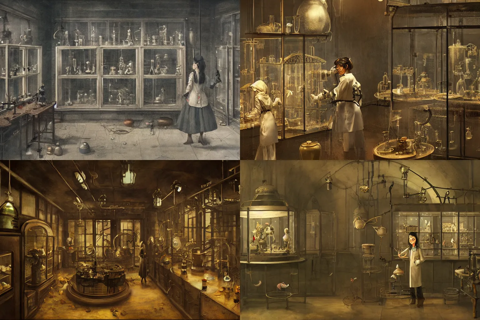 Prompt: a dark steampunk laboratory interior with strange creatures inside a display cases tended by a woman in a tight open labcoat in the afternoon with dusty atmosphere with only by one window, painting 3D by Liu Mai Shen Jian