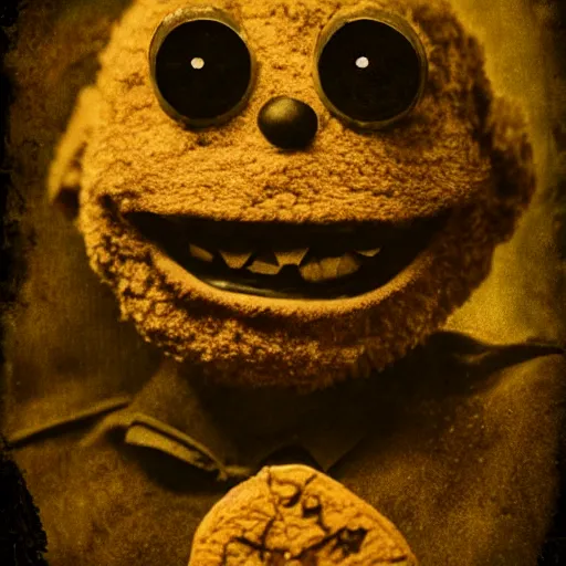 Image similar to creepy cookie monster, demonic, evil grin, tintype, realistic.