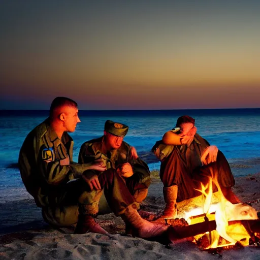 Image similar to ww 2 soldiers at the beach, relaxing, camp fire, detailed, high resolution