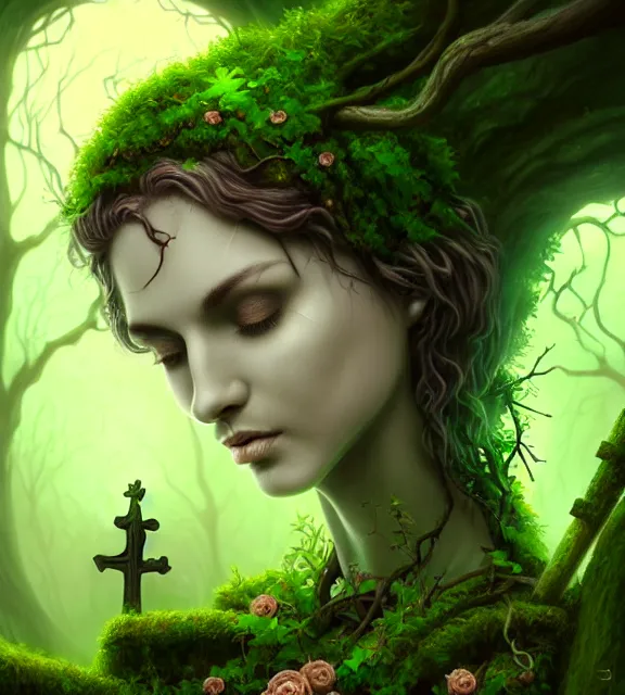 Prompt: ancient graveyard with beautiful female spriggan wearing green leaf halter top, perfect face, dark green leaf hair, with abs, cinematic, blush, stunning, tombstones, graves, vines, elegant, highly detailed, psychedelic, digital painting, artstation, smooth, hard focus, illustration, art by jessica rossier and and brian froud