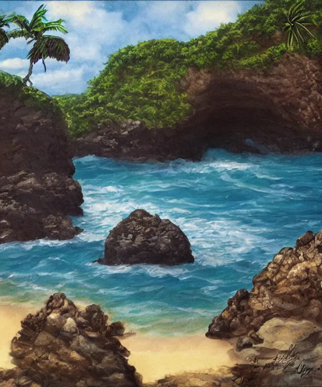 Image similar to photorealistic painting of turtle bay beach jamaica, sharp cliffs, island with cave, dark, atmospheric, brooding, smooth, finely detailed, cinematic, epic, lovecraft, in the style of larry elmore