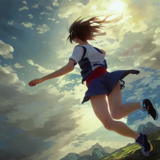 Image similar to girl running, sport clothing, anime style, short hair, hair down, symmetrical facial features, realistic anatomy, from arknights, hyper realistic, 4 k, rule of thirds, extreme detail, detailed drawing, trending artstation, realistic lighting, by alphonse mucha, greg rutkowski, sharp focus, backlit, real faces
