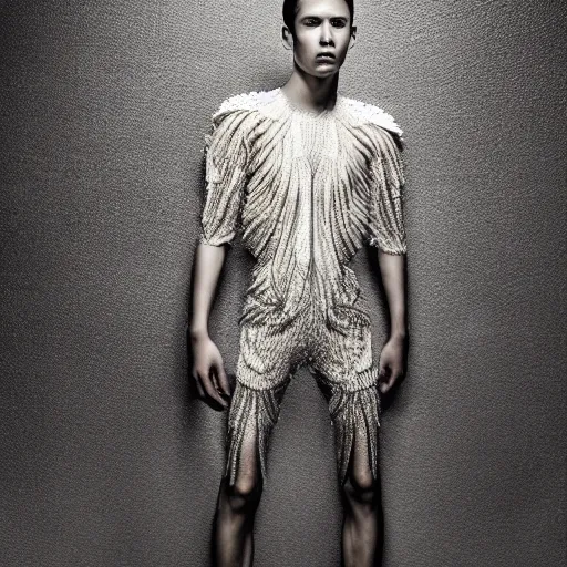Image similar to a beautiful young mexican male wearing iris van herpen couture, photographed by erwin olaf