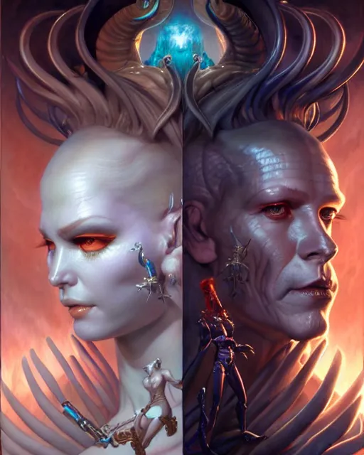 Image similar to beautiful gemini good and evil fantasy character portrait, ultra realistic, wide angle, intricate details, the fifth element artifacts, highly detailed by peter mohrbacher, hajime sorayama, wayne barlowe, boris vallejo, aaron horkey, gaston bussiere, craig mullins