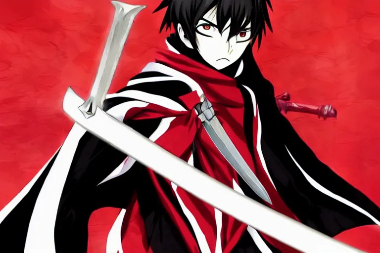 Prompt: a twin blade muscular swordsman, red and black cape and hoodie, scary, intimidating, worn out clothes, torn clothes, as a manga by tite kubo