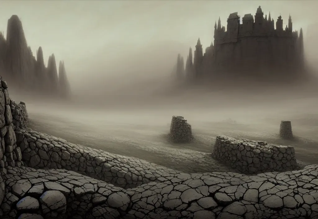 Prompt: The landscape of a gray stony wasteland with gray dry land without a single plant, enclosed in incredibly gigantic enormous stone walls. The walls are so far apart that they disappear over the horizon. Art by Finnian MacManus, Simon Stalenhag, Arthur Rackham. Fog, masterpiece, fantasy art, cinematic, hyperdetailed, photorealistic, hyperrealism, octane rendering, 8k, aerial view