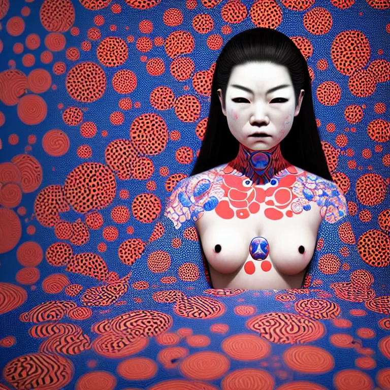 Image similar to hyperrealistic detailed image of a geisha in a art installation room, hd smooth interior by yayoi kusama, part by kei mieno, part by ross tran, dark art by james jean, ultra realistic, highly detailed, life like face, detailed body, 8 k, 3 d render by roger magrini, masterpiece