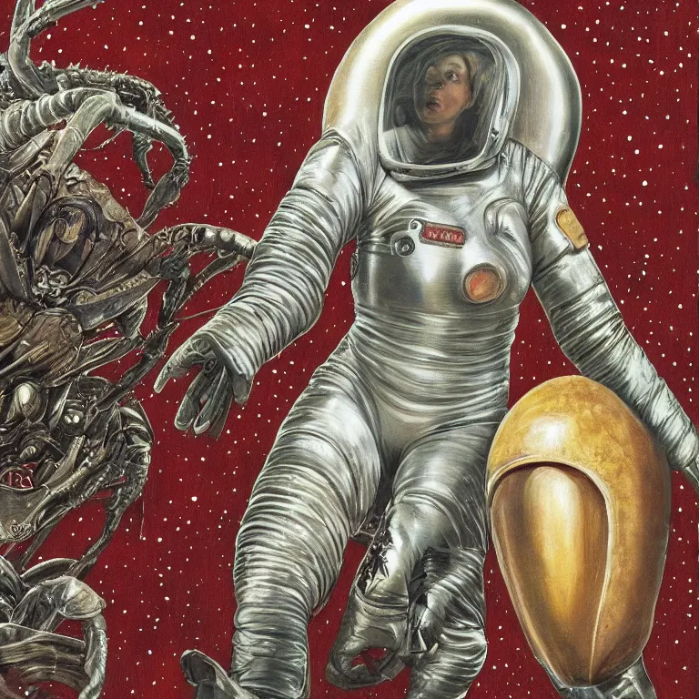 Prompt: painting by wayne barlow and carlo crivelli, a woman in a skintight silver shining spacesuit riding on the back of a giant alien crab on a dramatic red rocky planet