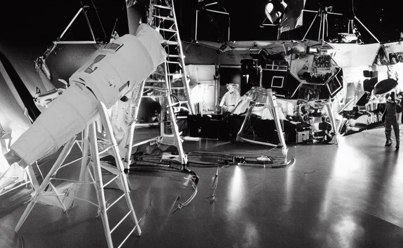 Image similar to Behind the scenes photos of the faked Apollo 11 Lunar landing on a Hollywood sound stage directed byStanley Kubrick. Leica IIIc, 70mm. Black and white