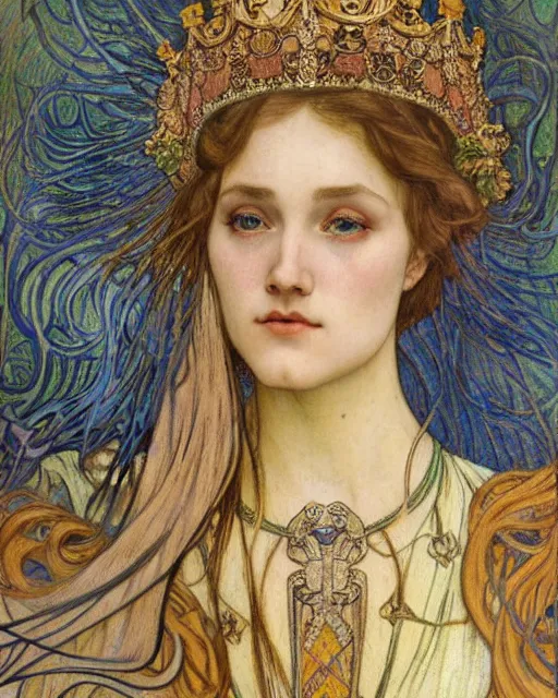 Image similar to detailed realistic beautiful young medieval queen face portrait by jean delville, alphonse mucha, vincent van gogh, and marco mazzoni, art nouveau, symbolist, visionary, gothic, pre - raphaelite