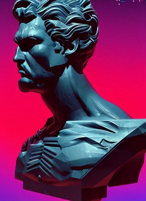 Image similar to bust of hercules, beeple, android jones, vaporwave, retrowave, black background, neon wiring, black, glitch, strong contrast, cuts, pinterest, trending on artstation