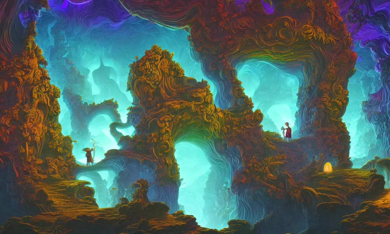 Image similar to large kerberos realm, wizard issues ticket close up, reading a directory, colorful ravine, 3 d art, digital illustration, perfect lighting