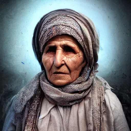 Image similar to hyperrealistic mixed media high resolution image of a Kurdish grandmother, stunning 3d render inspired art by István Sándorfi and Greg Rutkowski and Unreal Engine, perfect symmetry, dim volumetric lighting, 8k octane beautifully detailed render, post-processing, extremely hyper-detailed, intricate, epic composition, highly detailed attributes, highly detailed atmosphere, full body shot, cinematic lighting, masterpiece, trending on artstation, very very detailed, masterpiece, stunning, flawless structure, lifelike texture, perfection,