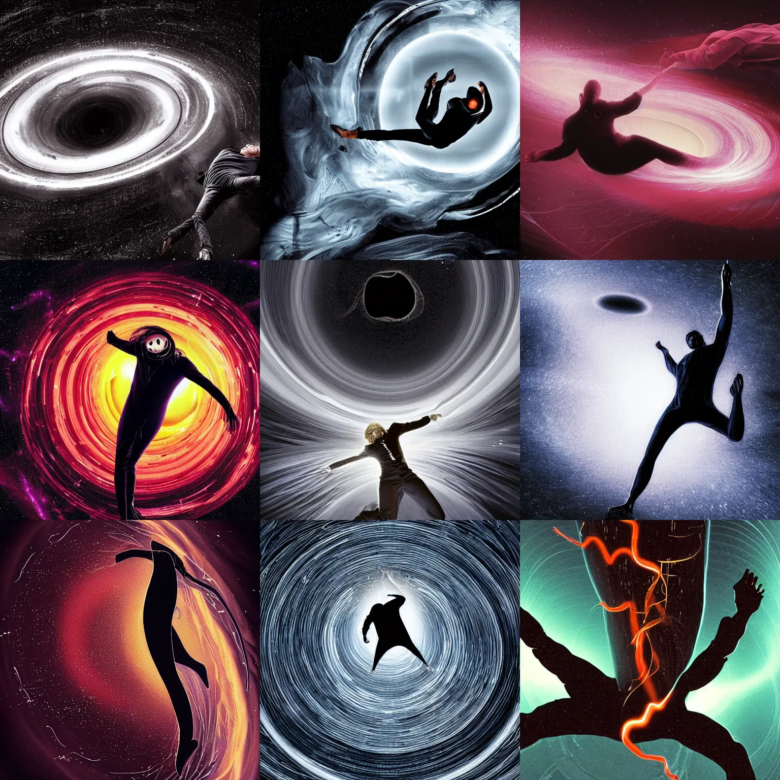 Prompt: spaghettification of a man falling into a black hole, at the event horizon he gets stretched by his feet, elongated like plastic man in an infinite spiral toward the center of the black hole, sharp focus, dynamic, cinematic lighting, highly detailed, galaxy, nebula, artstation, divine, by gauthier leblanc, kazuya takahashi, huifeng huang