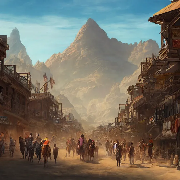 Image similar to populated old western style city bustling with people in the middle of a sandy flat desert with a single mountain on the very distant horizon. magic the gathering art, digital media