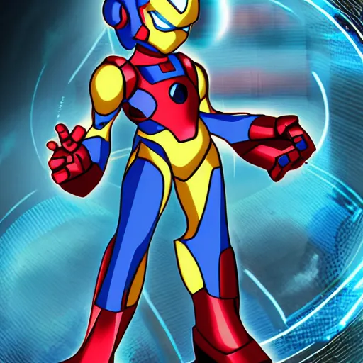 Prompt: mega man's kid sister. iron man, cyberpunk, anime, no helmet, long blue hair on her head, gold armor