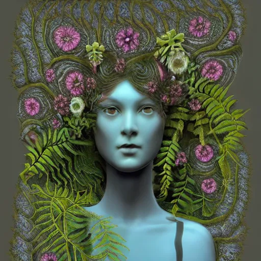 Prompt: an idealistic marble statue, porcelain face, clear eyes, with classic cloth and fractal flowery hair in a fractal garden, glowing delicate flower and ferns that grow in a dark fatansy forest on the planet pandora,