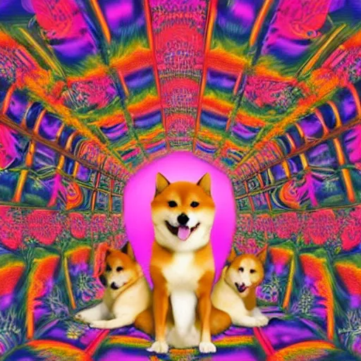 Image similar to two shiba inu in the psychedelic baroque dmt fourth dimensional tunnel