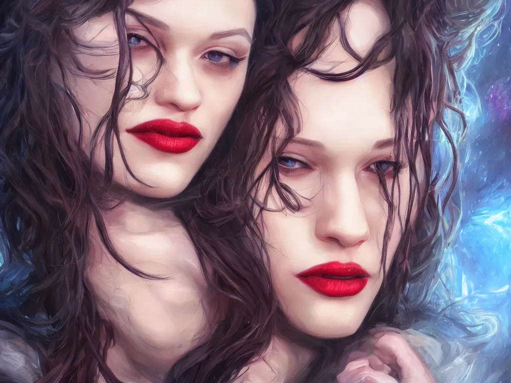 Image similar to kat dennings, portrait, fantasy, vivid colors, fantasy, elegant, concept art, sharp focus, beautiful face, digital art, Hyper-realistic, 4K, Unreal Engine, Highly Detailed, HD, Dramatic Lighting by Brom, trending on Artstation