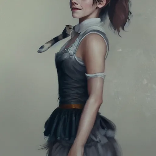 Image similar to detailed painting of emma watson wearing a cat maid outfit, 8 k, by greg rutkowski, artgerm, global illumination