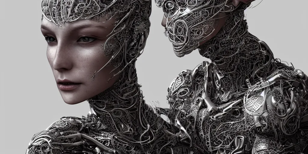 Image similar to hyper realistic photography of a beautiful cyborg female, intimately holding close, chrome finish intricate filigree, in the style of beth cavener, jin kagetsu, wlop, highly detailed, symmetry, masterpiece, concept art, ringflash, highkey lighting, ambient lighting, octane render, 8 k, artstation