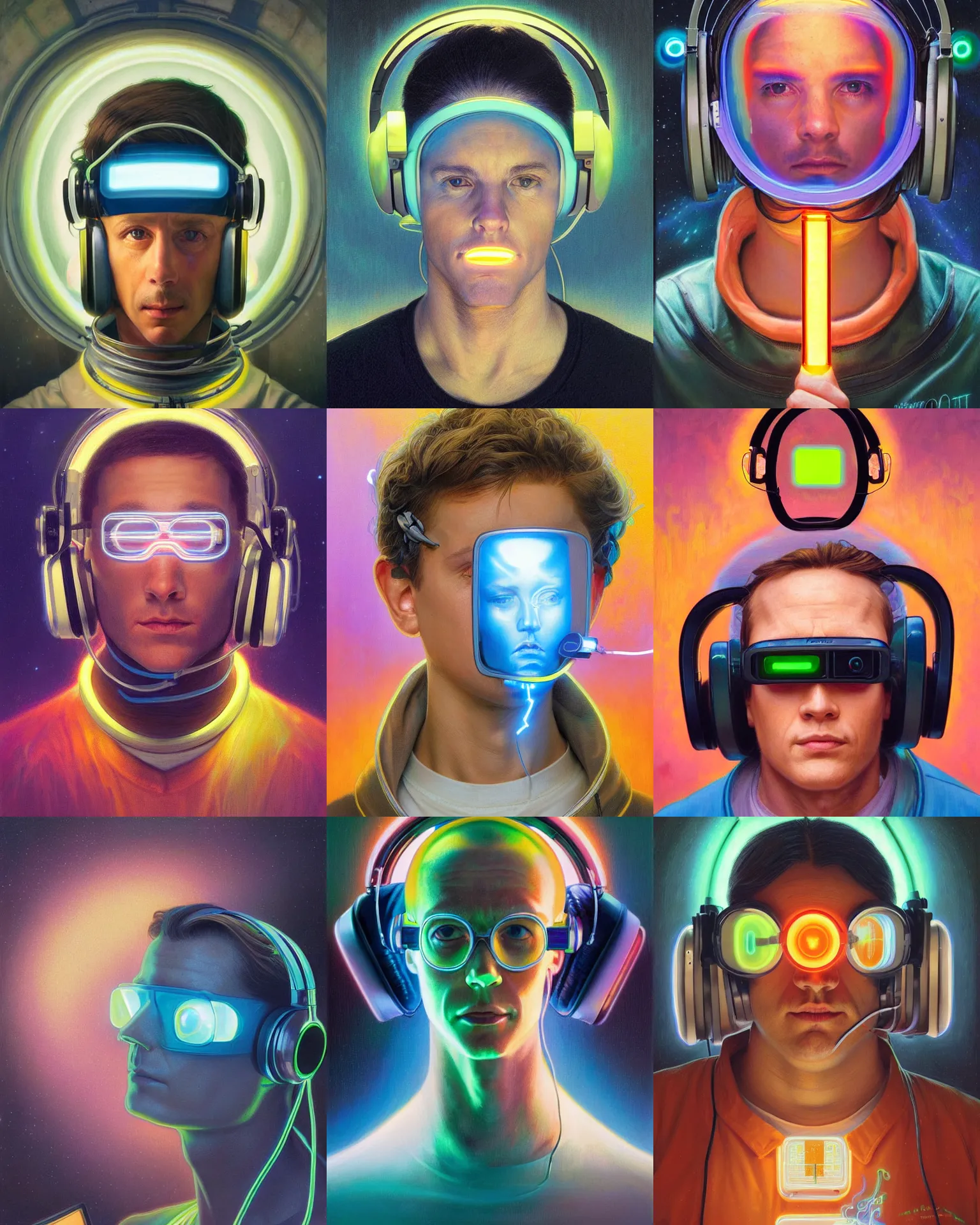 Prompt: future coder, glowing pencil thin visor over eyes and sleek neon headphones desaturated headshot portrait painting by donato giancola, dean cornwall, rhads, tom whalen, alex grey, alphonse mucha, astronaut cyberpunk electric fashion photography