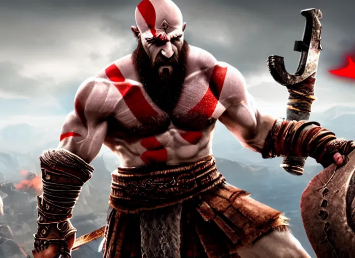 Image similar to in game screenshot of kratos!!! victoriously holding up a computer mouse raising a computer mouse in the air holding a mouse mouse pc mouse!!! in the new god of war video game, 4 k