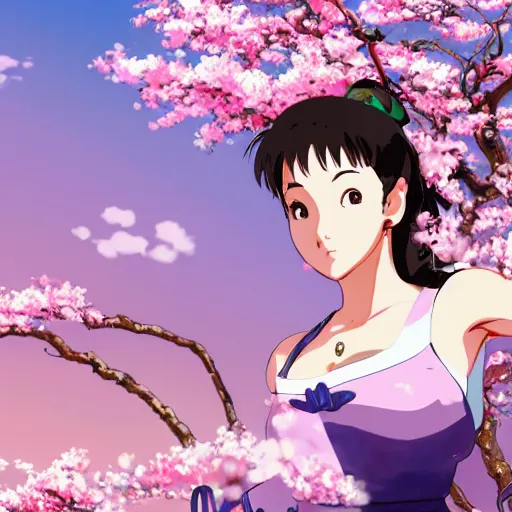 Image similar to an ultrawide photo of chun li standing in front of sakura trees, studio ghibli concept art, detailed, beautiful face, beautiful eyes, beautiful lighting, hdr, 4 k